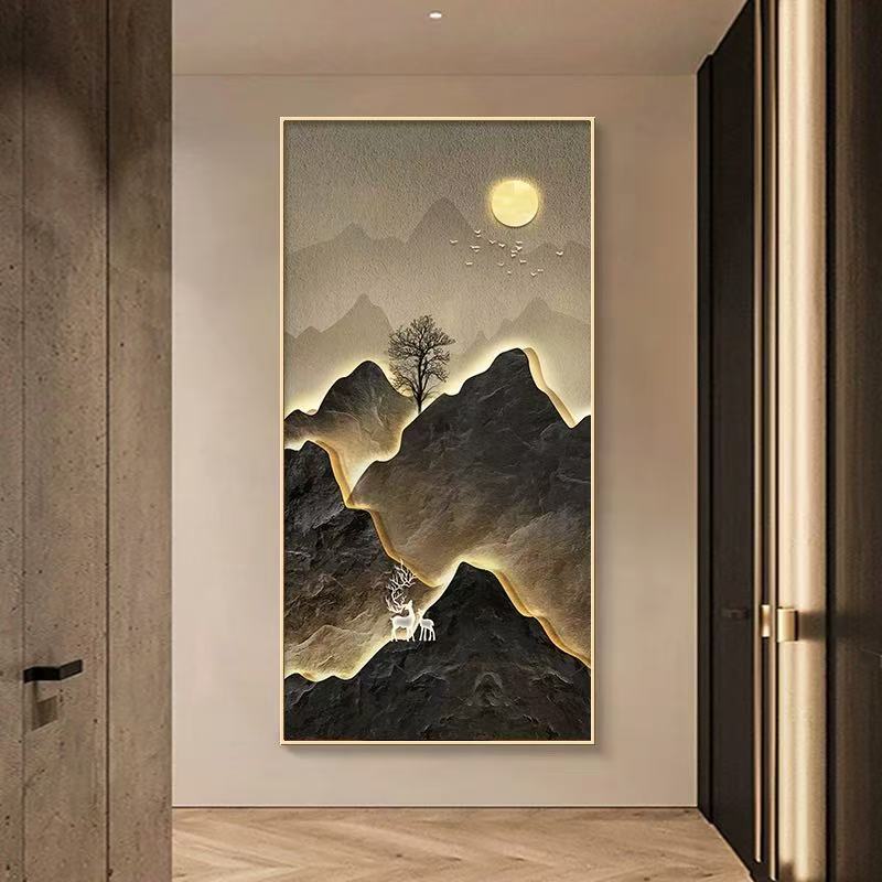 升级版-玄关画-【高山圆月】晶瓷画晶瓷镶钻画玄关画过道画装饰画