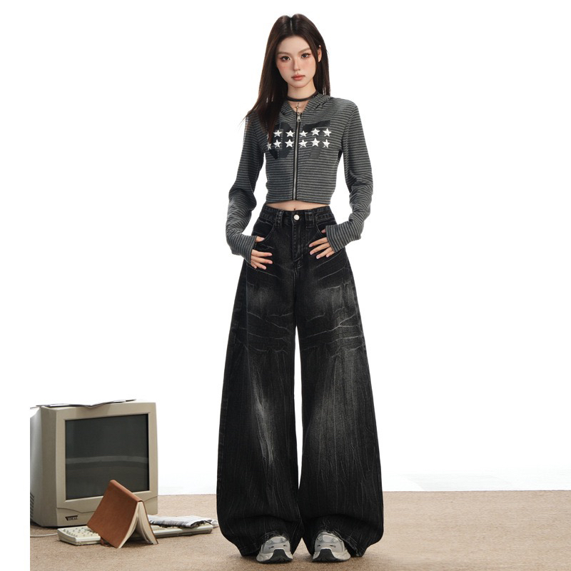 【悦己】秋冬美式复古水洗做旧牛仔裤女宽松显瘦休闲阔腿裤长裤子