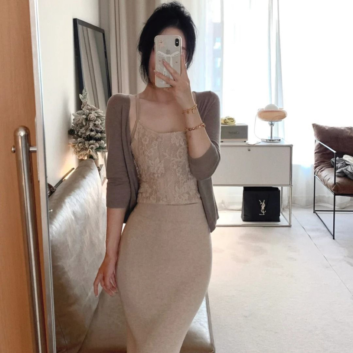 大码胖MM早秋新款韩版纯欲风蕾丝吊带针织开衫半身裙穿搭三件套