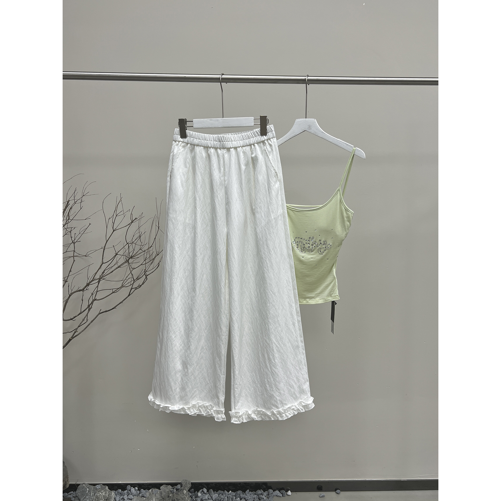 松紧腰花边阔腿休闲裤99977