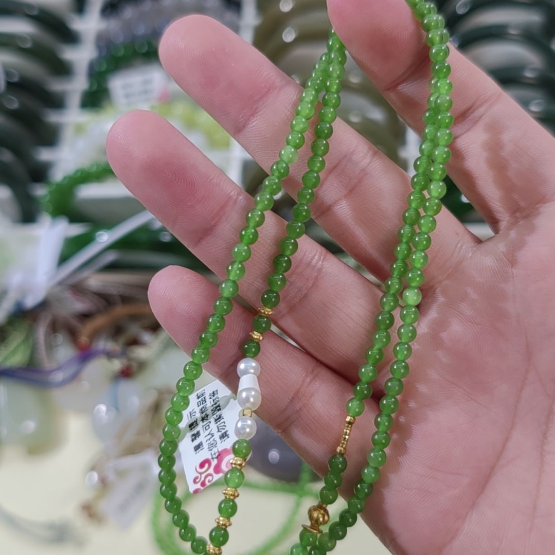 彩***瓷和田玉（碧玉）未镶嵌手链卡4精品碧玉苹果绿毛衣链