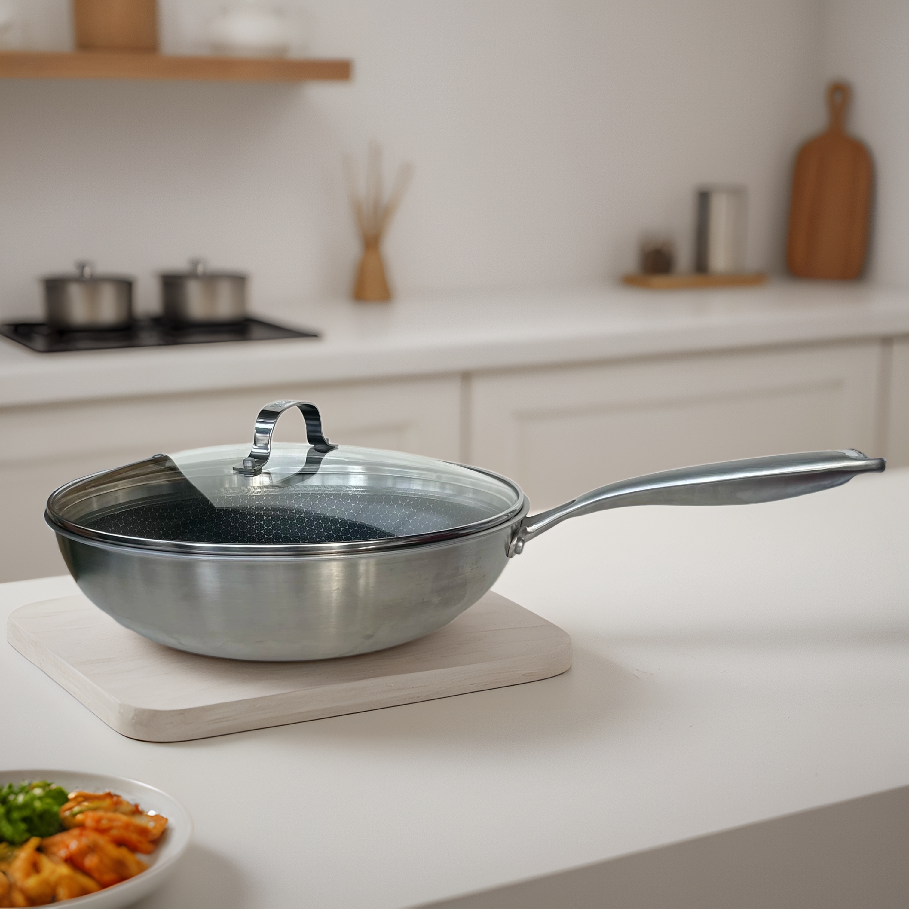 德国·三层钢炒锅蜂窝家用不粘锅不锈钢30CM炒锅