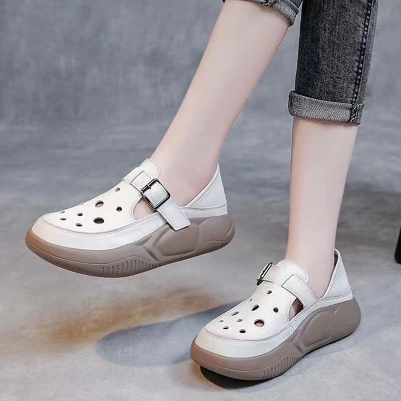 纯色低帮修面皮洞洞鞋修面魔术贴单鞋复古平底休闲夏季女鞋