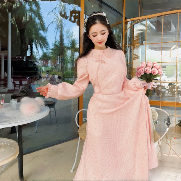 【粉黛原创 琦楠沉香】秋冬减龄文艺俏皮修身显瘦假两件连衣裙