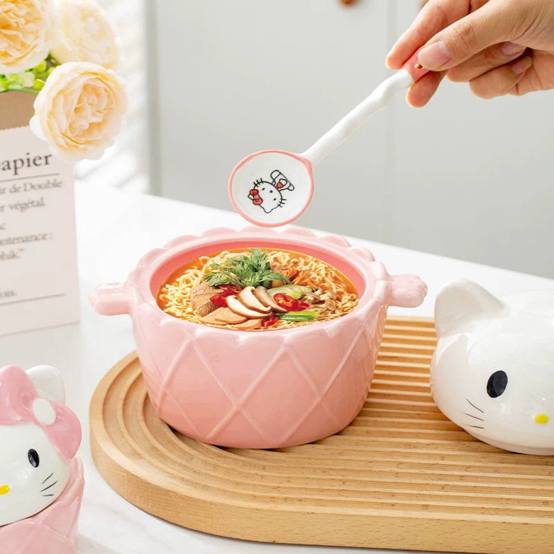 可爱凯蒂猫陶瓷泡面碗防烫有盖Hello Kitty餐具家用少女心大容量