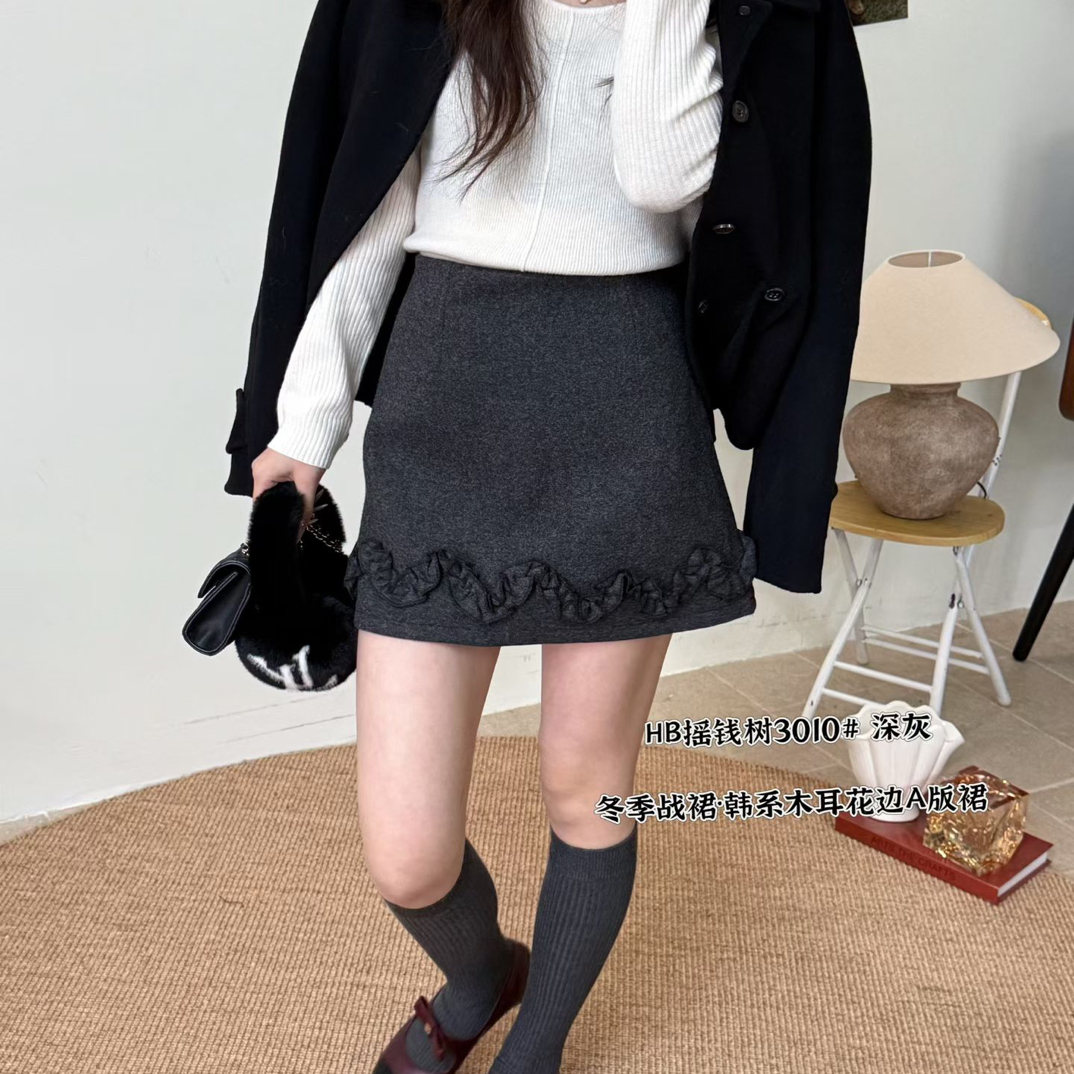 新款毛呢高腰显瘦A字防走光木耳花边半身短裙3010
