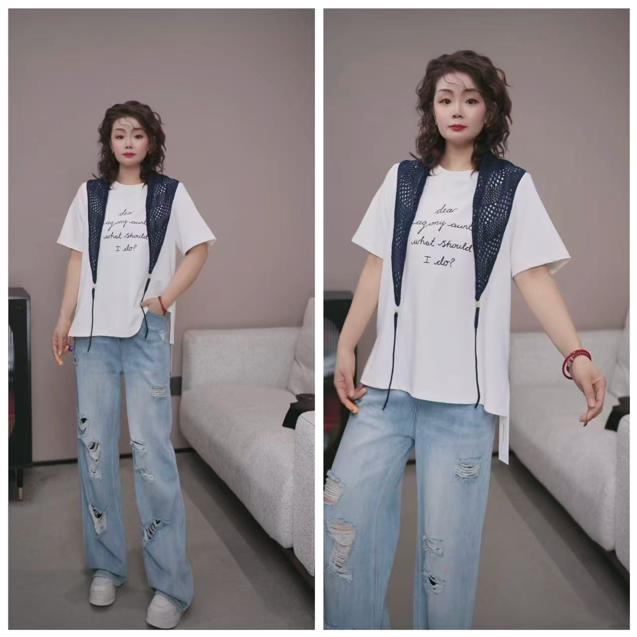 【披肩刺绣字母短袖T恤】少披肩  MLQ 5870