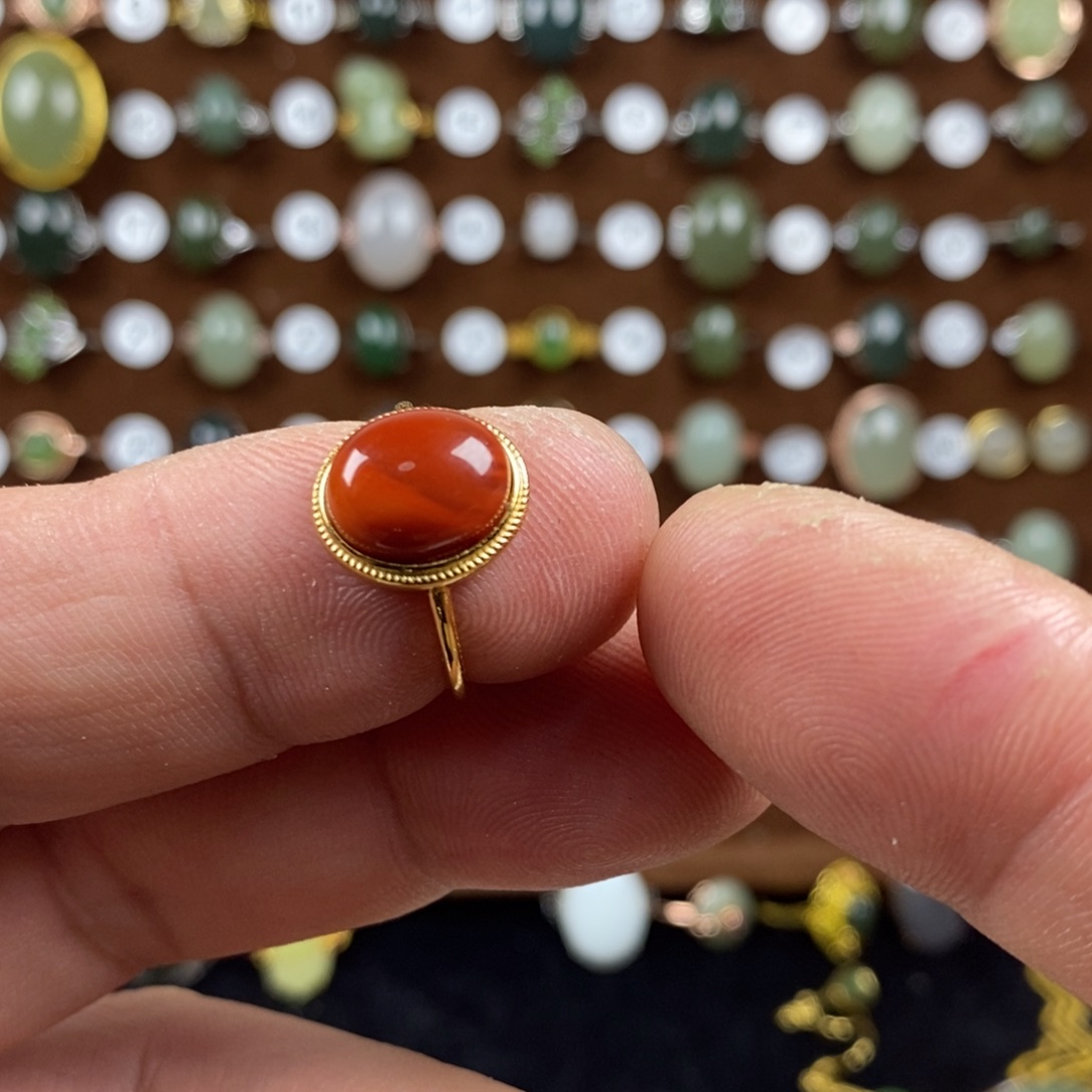 南红玛瑙戒指银S925镀金镶嵌