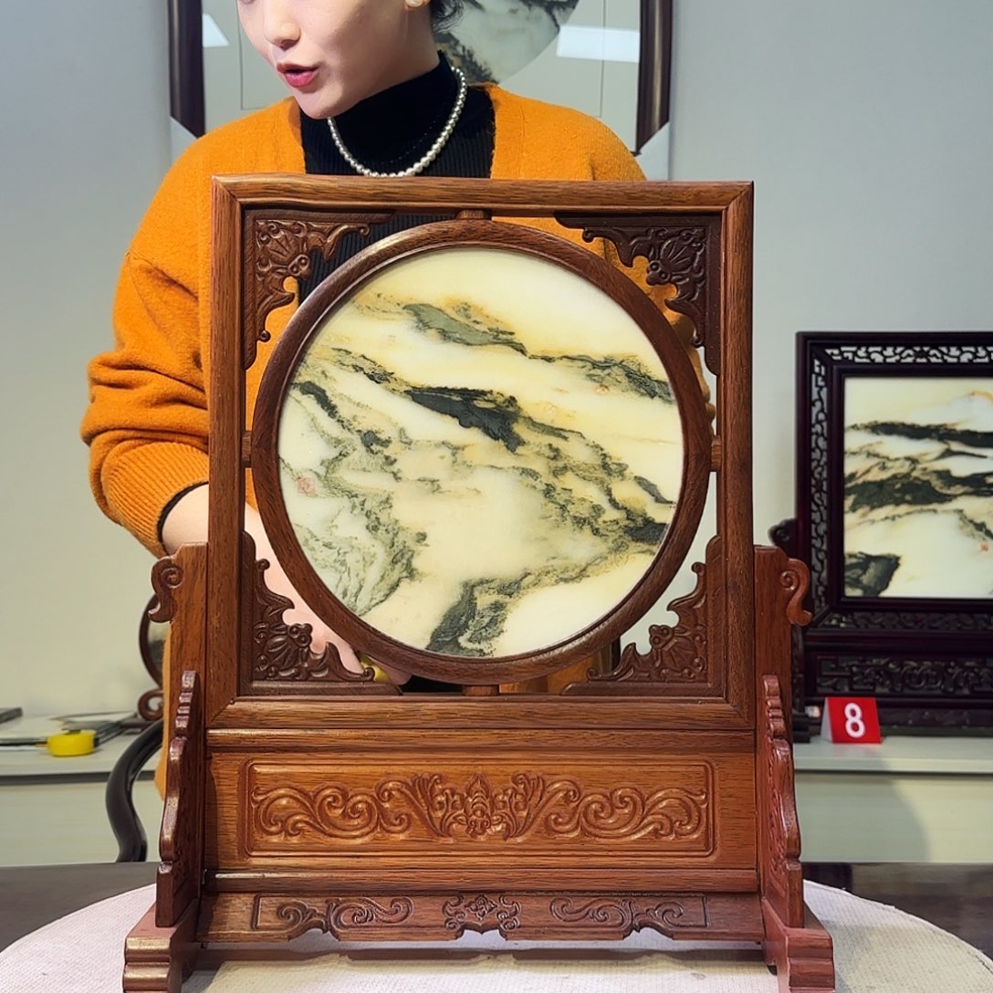 石材38×45天然大理石画屏风摆件