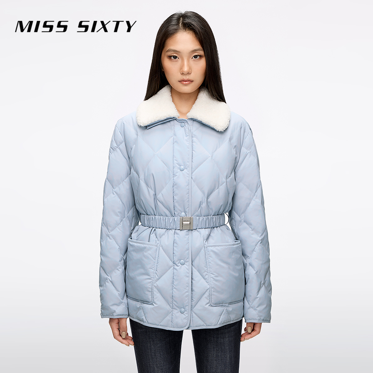 Miss Sixty2025秋季新款羽绒外套女菱格可拆毛领系腰带宽松90鸭绒
