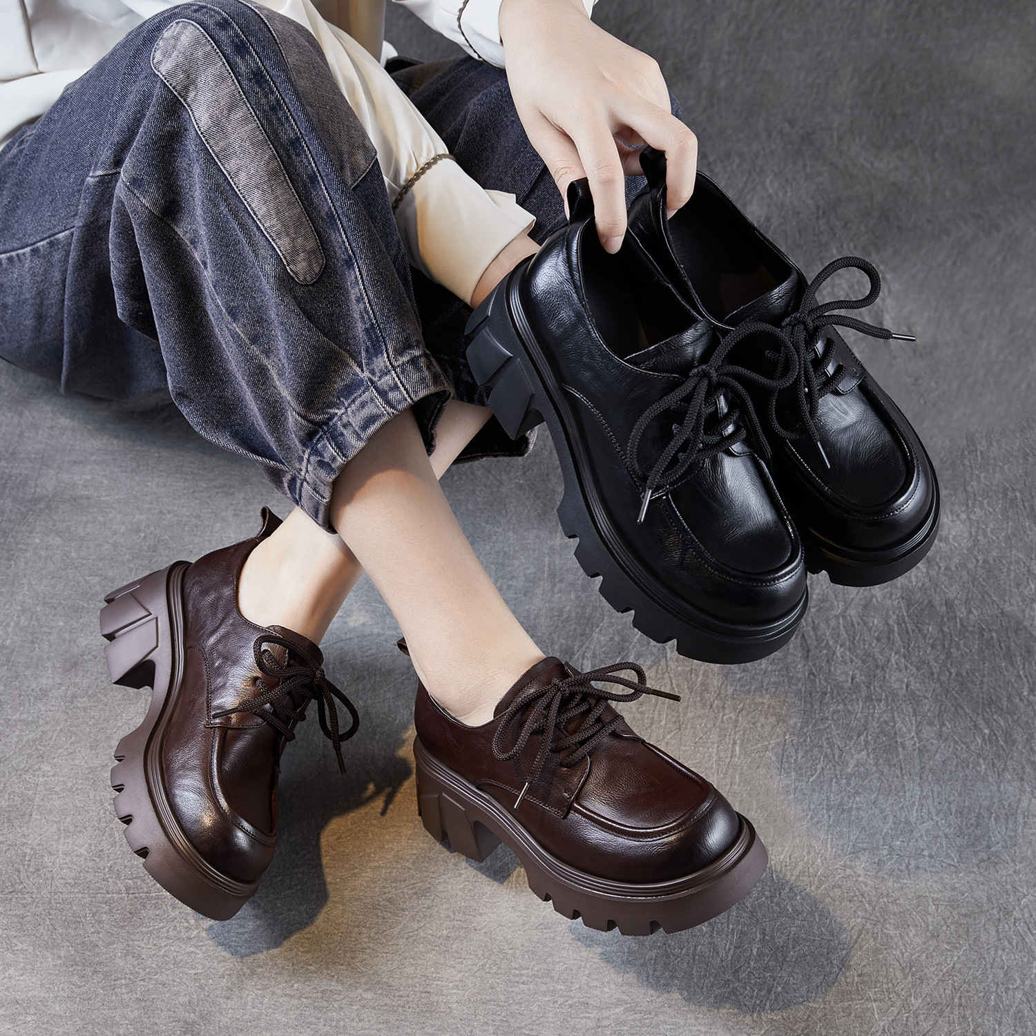 【老龙原创】头层牛皮2025秋季新款厚底增高英伦风系带轻奢单鞋女