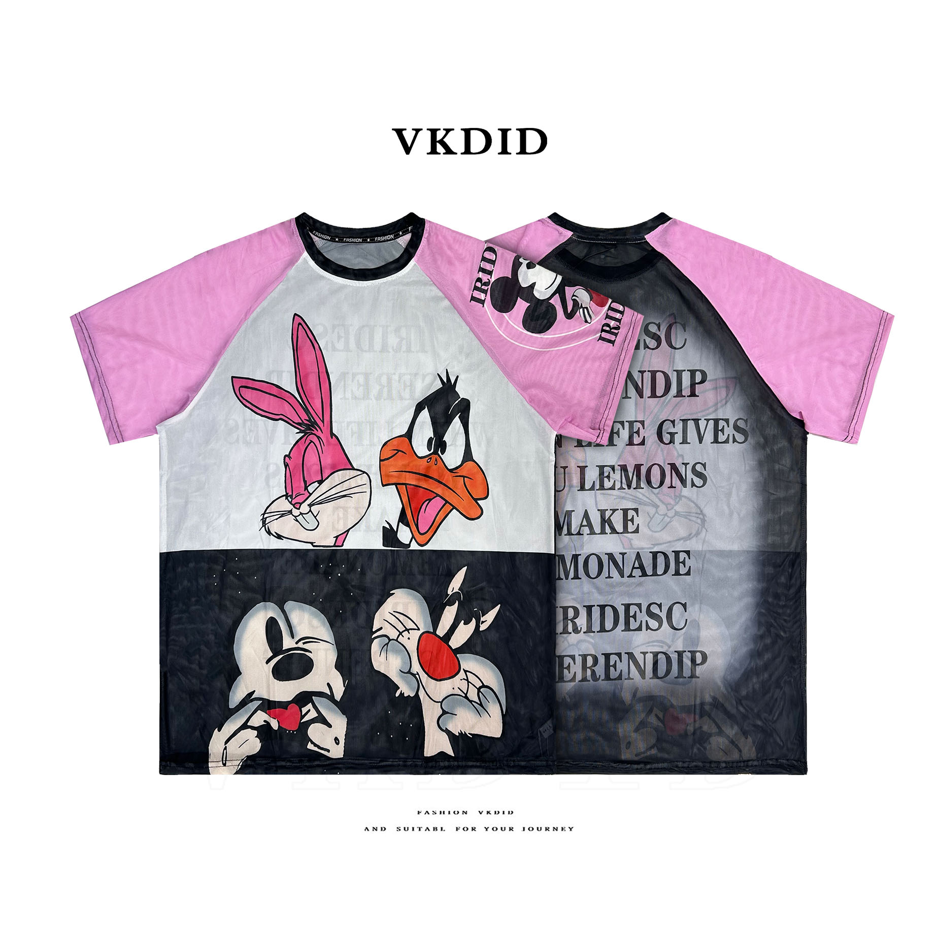 VKDID【新款oversize】潮牌原创渐变撞色兔子米奇网纱大码宽松T恤衫