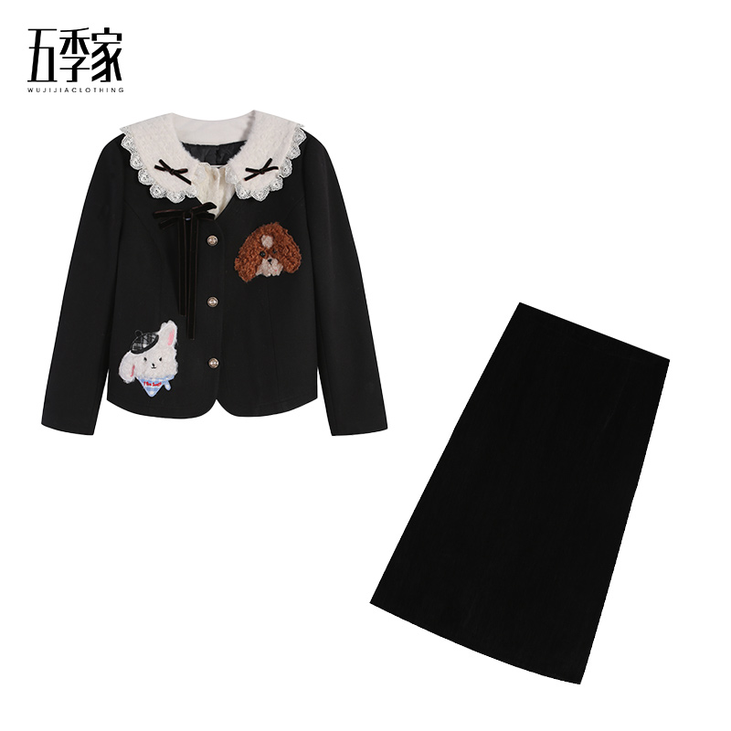 【五季家】秋季时尚春秋黑色上衣+黑色加棉长半裙两件套ZL114940