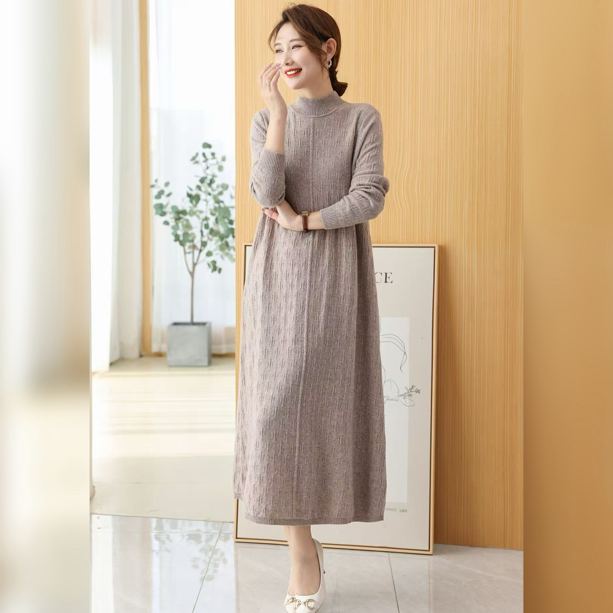 【清仓福利】纯羊毛提花针织秋冬宽松中长款连衣裙（裙长110）NC