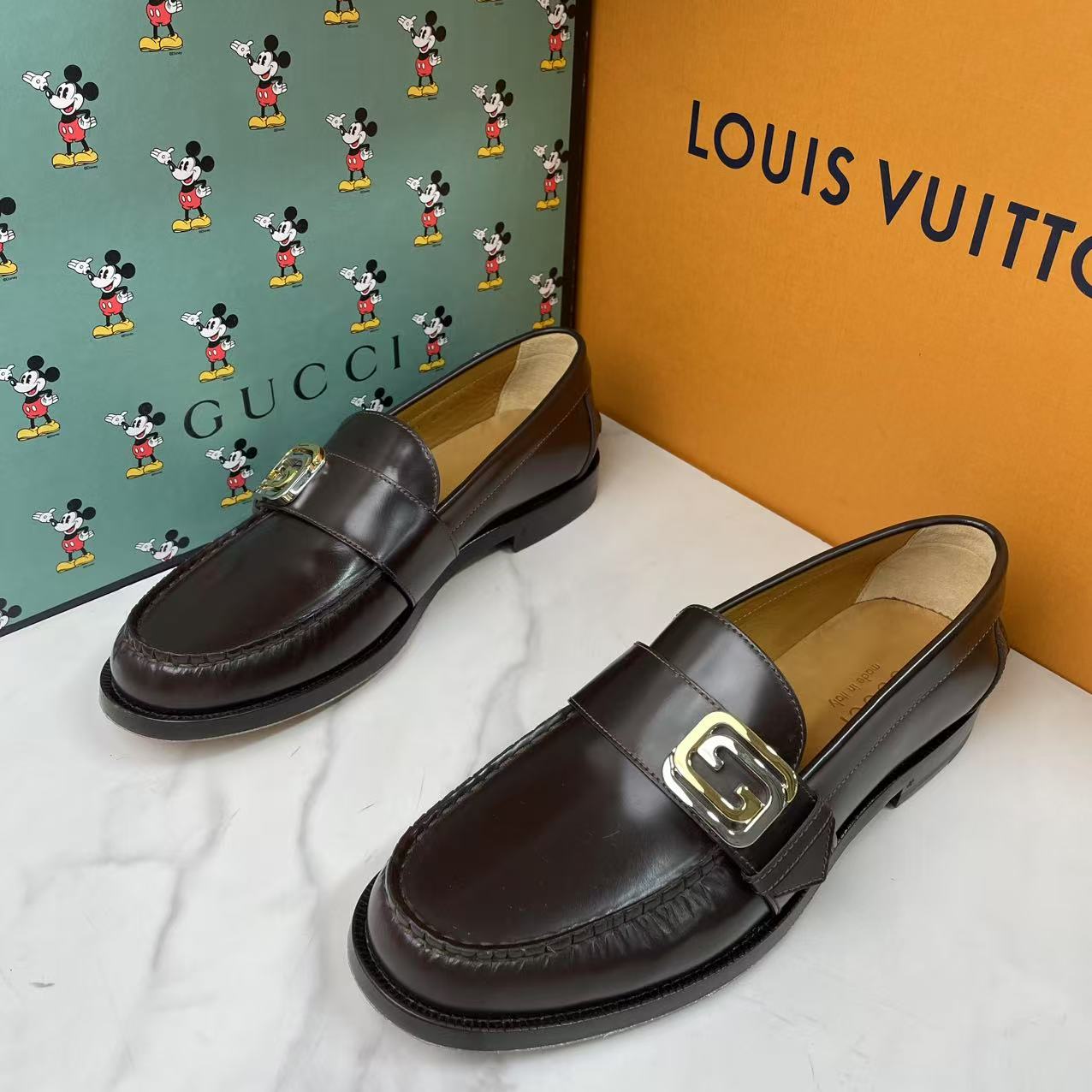 未使用 GUCCI/古驰 棕色亮面金银互扣商务百搭皮鞋/多尺码/放置