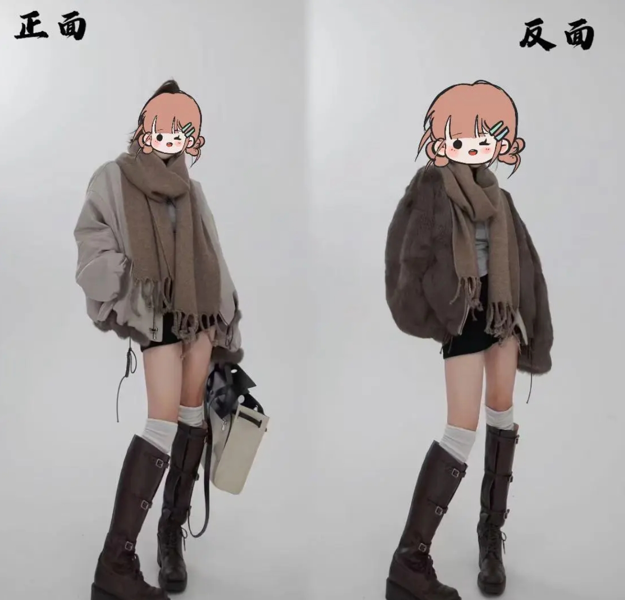 洋气纽扣宽松螺纹下摆皮毛一体一衣两穿派克服外套短款厚款网红