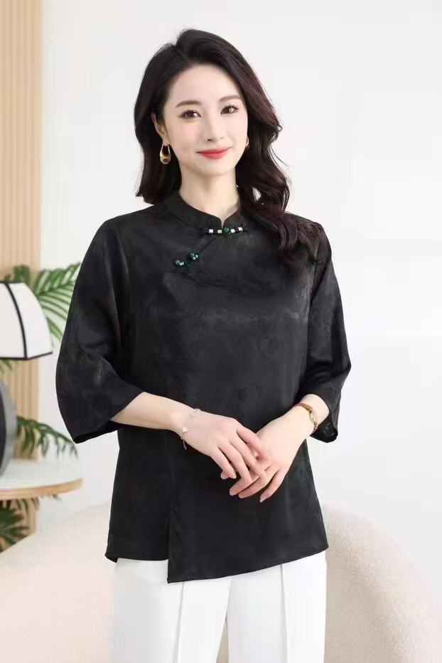 宽松型印花衬衫袖厚款中老年女装小衫夏季中国风薄款