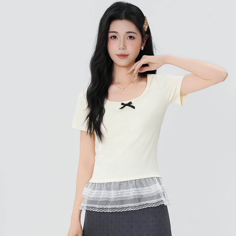 慕兔小个子正肩蕾丝拼接短袖t恤女2025夏季新款修身显瘦针织上衣