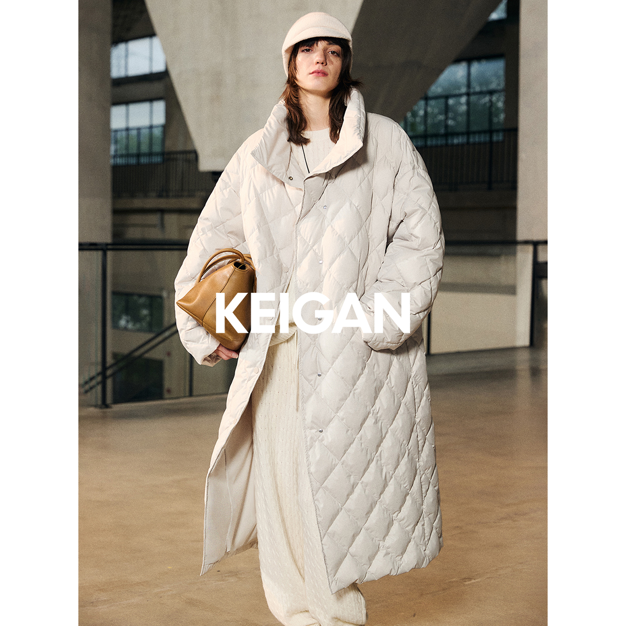 开间/意大利Limonta轻盈蓬松95白鹅绒菱形格慵懒松软包裹长羽绒服