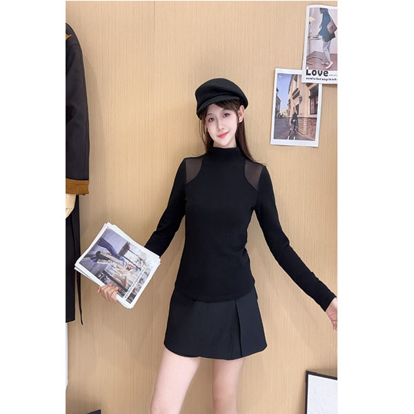 半高领抗皱修身型长袖纯色女T恤黑色高腰打底衫韩版