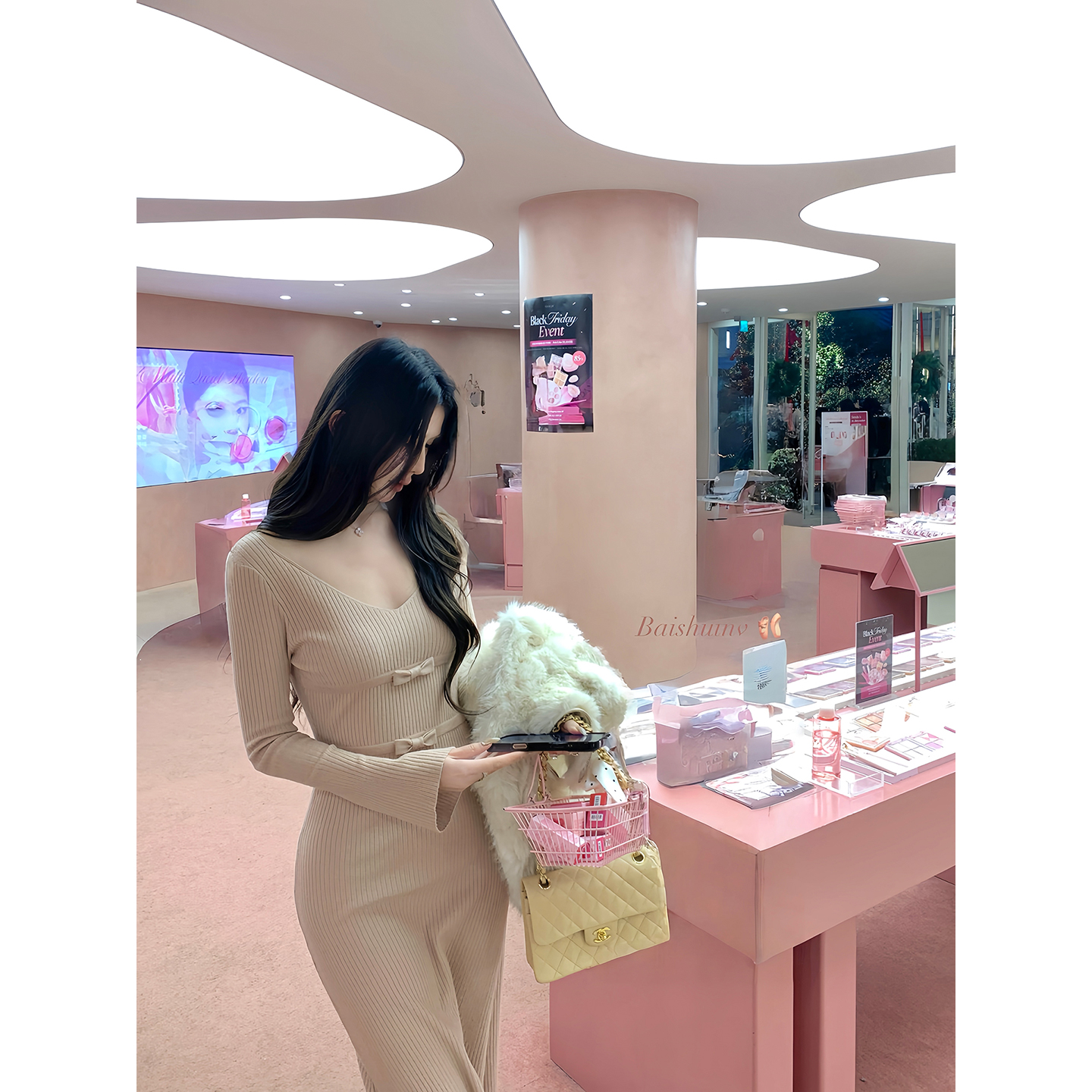 白水女 温柔欧尼酱 V领蝴蝶结长袖连衣裙女冬季温柔高级感长裙