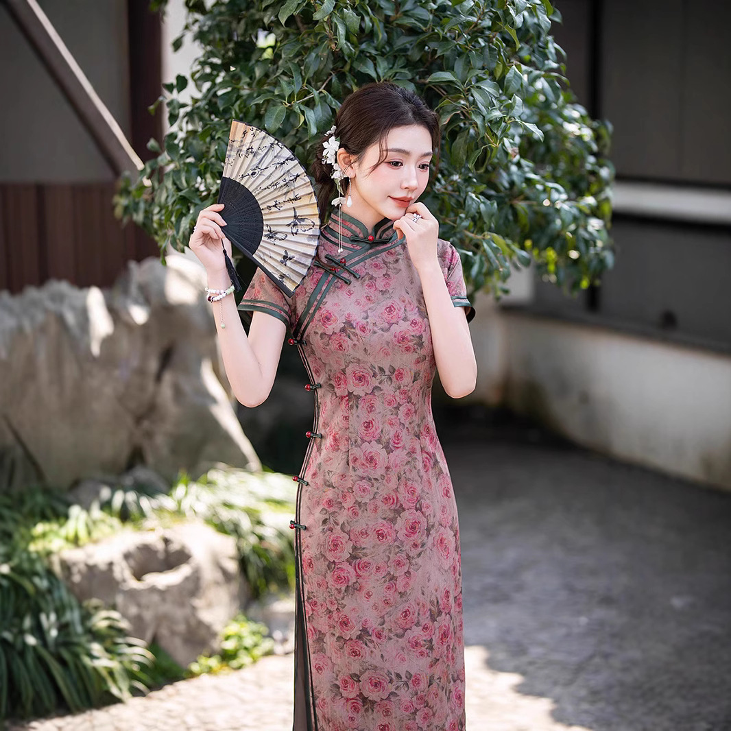 花境港风复古短袖长款旗袍改良优雅碎花连衣裙女日常可穿年轻气质