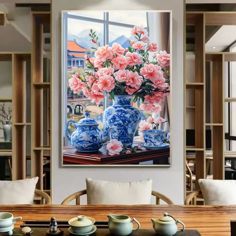 【彩珠绣】满绣全珠绣十字绣山茶花青花瓷风景画卧室新款竖版串珠绣