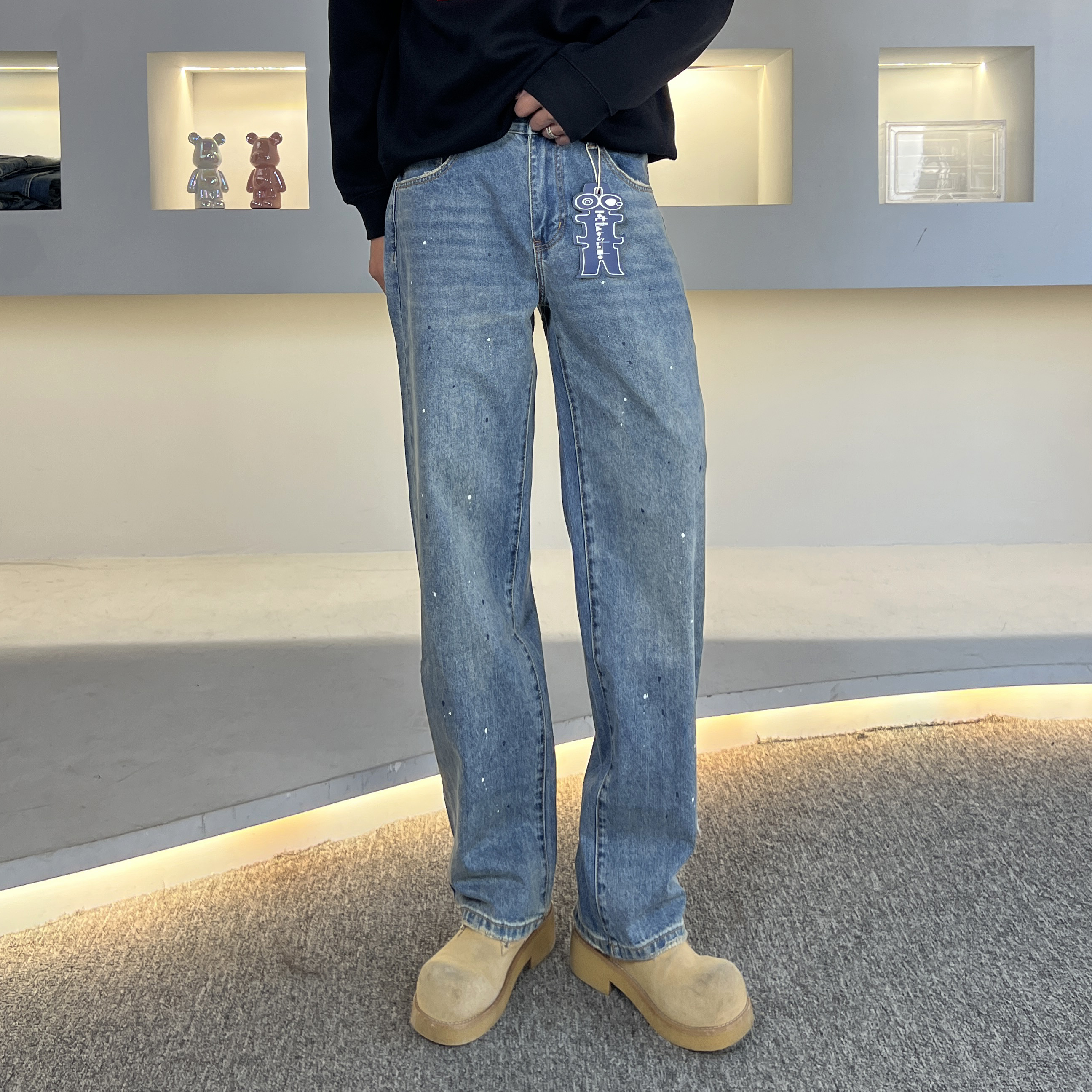 《APT》美式高街浅蓝色水洗做旧直筒潮牌男女款休闲牛仔裤通勤长裤