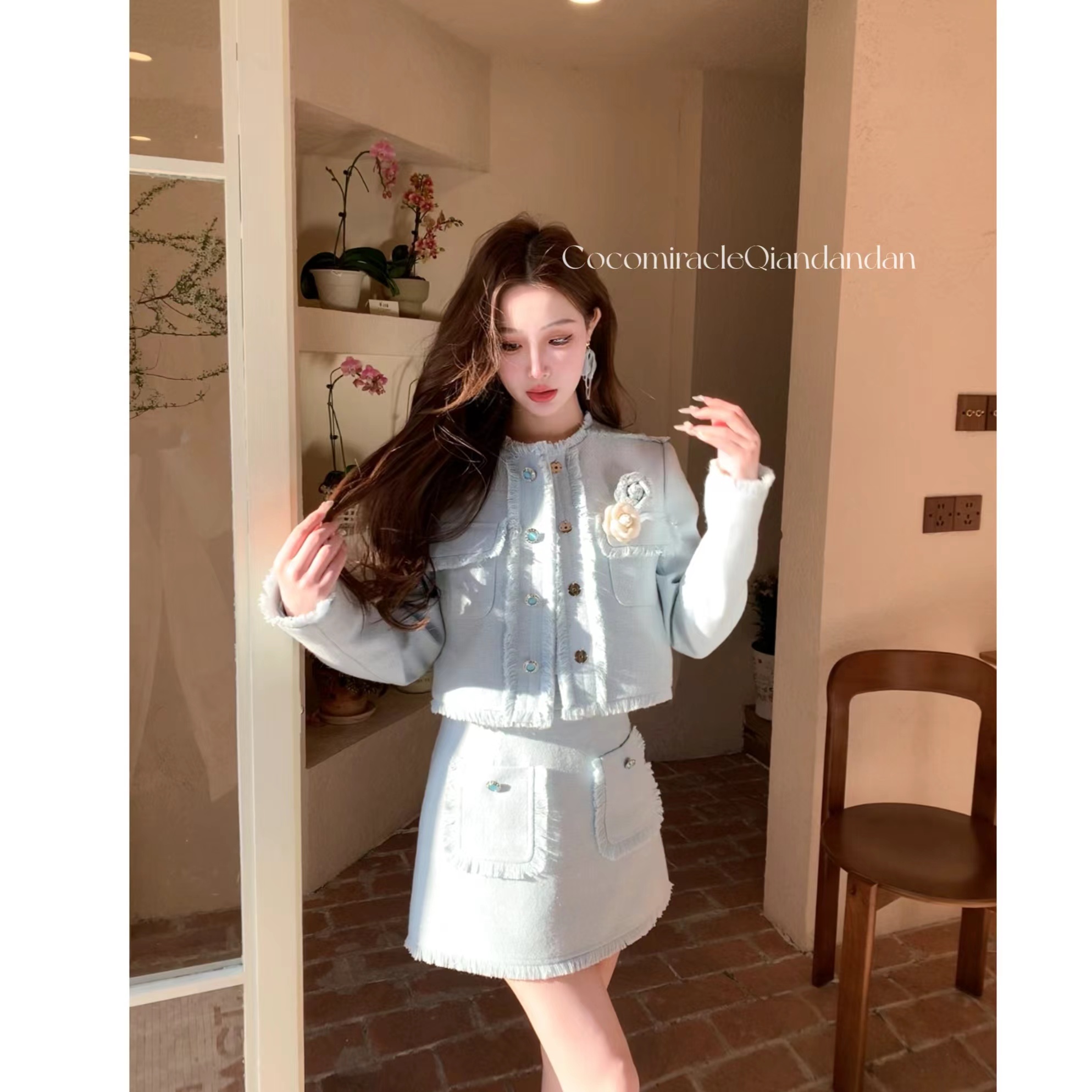 【钱丹丹】新款套装花朵胸针流苏小香风上衣+短半裙裤Q51TZ2552