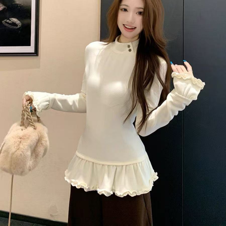 高领拼接女长袖加绒鱼骨短款T恤修身时尚网红针织蕾丝打底衫