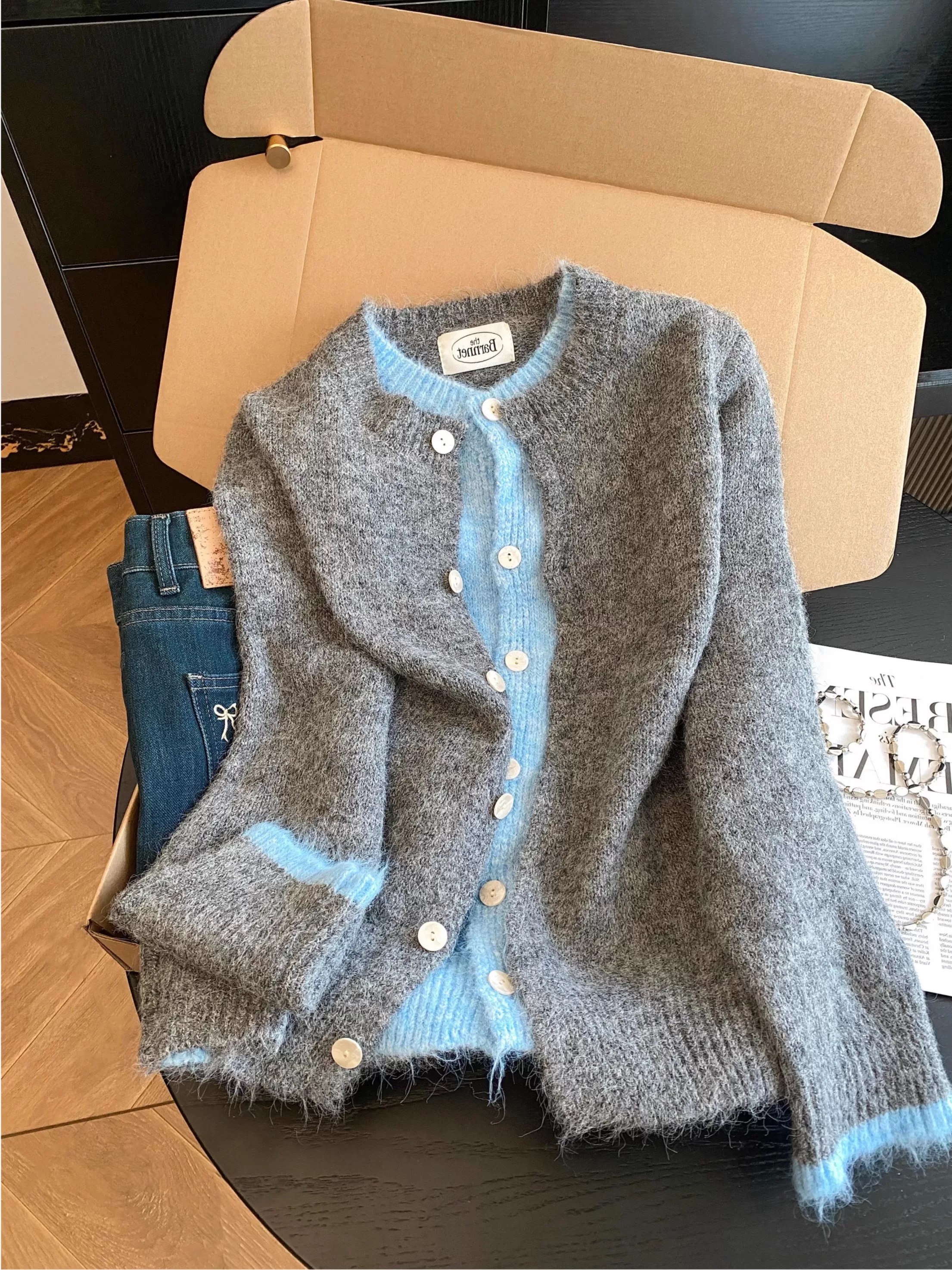 韩系慵懒风假两件拼接针织衫开衫女秋冬新款宽松百搭毛衣外套女