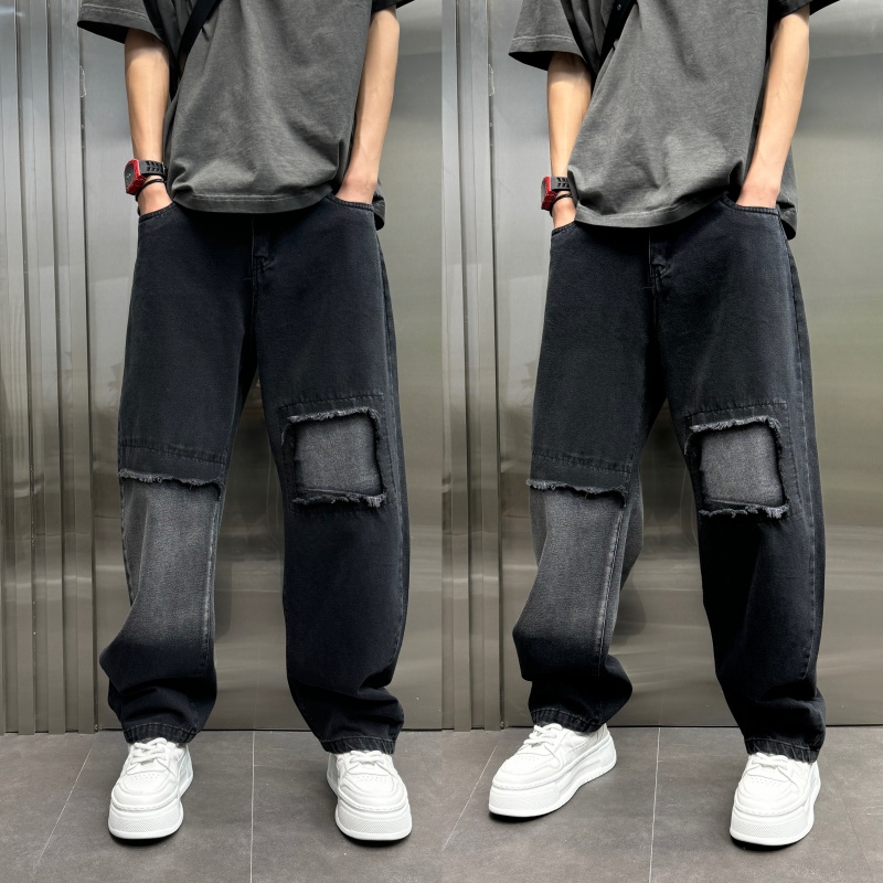 微喇牛仔裤男生复古破洞黑色宽松休闲牛仔裤男士高级感裤子