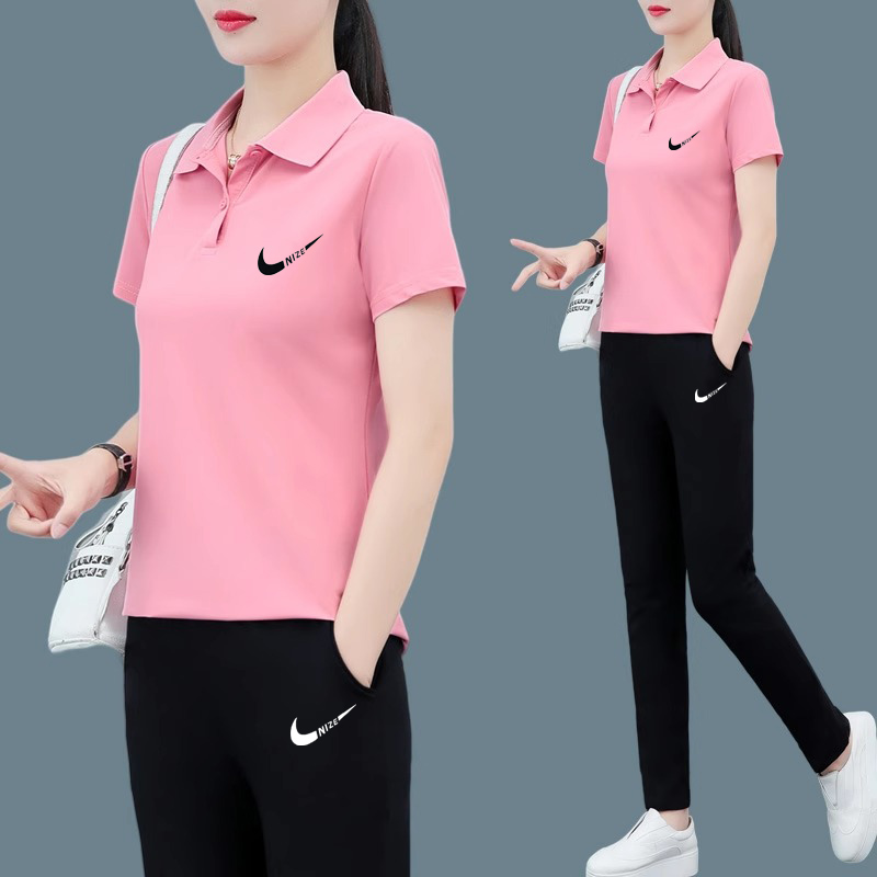 N1KE官网休闲运动套装女士款2025夏季新款短袖冰丝修身两件套薄款