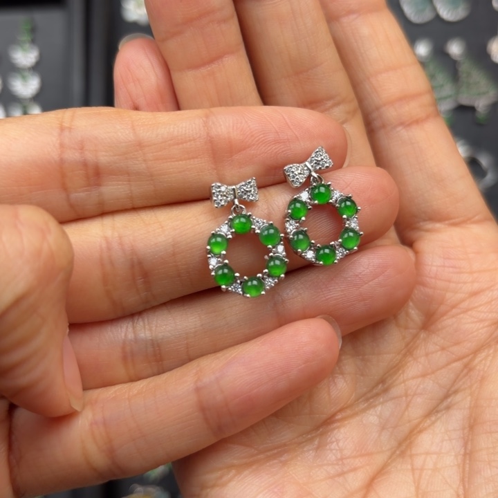 ****呀翡翠银S925镶嵌耳饰