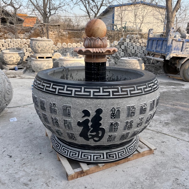 石雕鱼缸流水摆件百福图鱼缸庭院摆件青石材质