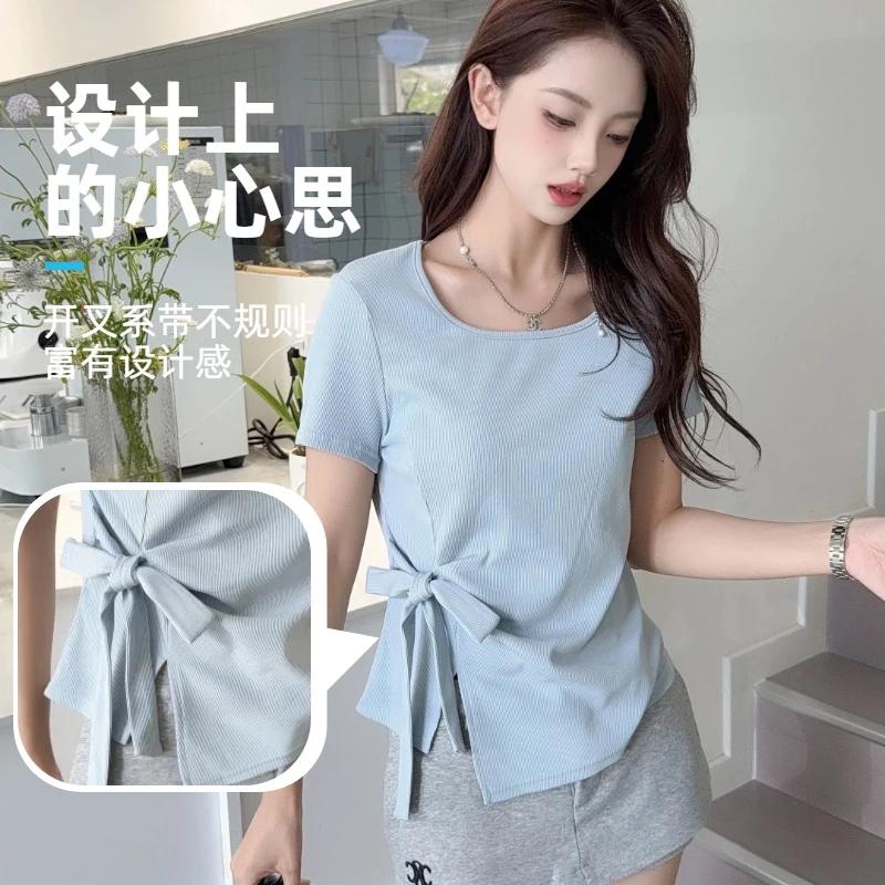 25夏新款不规则T恤系带抽绳设计褶皱时尚开叉欧若风短袖显瘦百搭