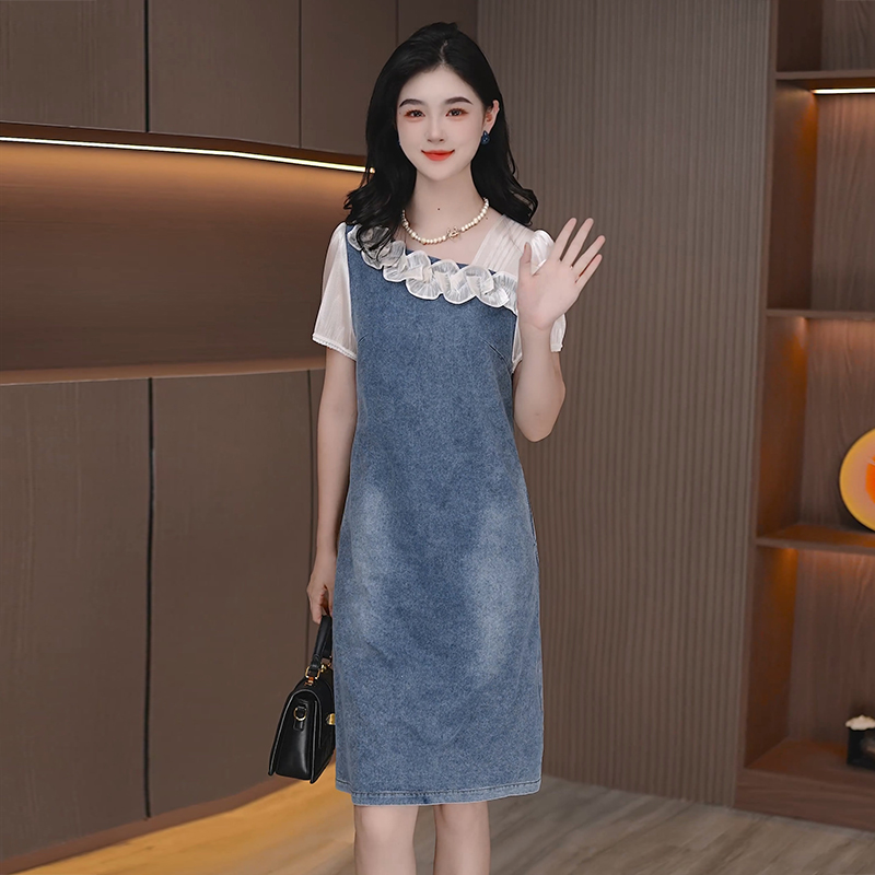 新款夏季花边丝质肩袖显瘦牛仔裙中长款时尚气质裙女