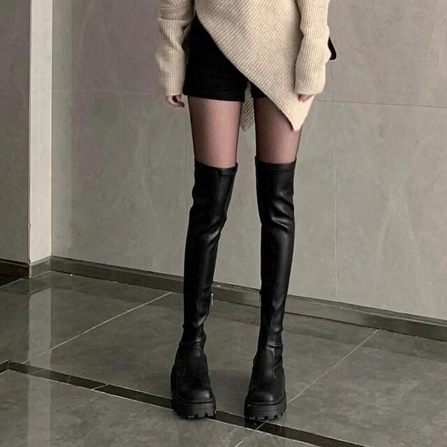 黑色长筒靴女秋冬季新款厚底长靴方糖过膝靴粗跟弹力靴高筒骑士靴