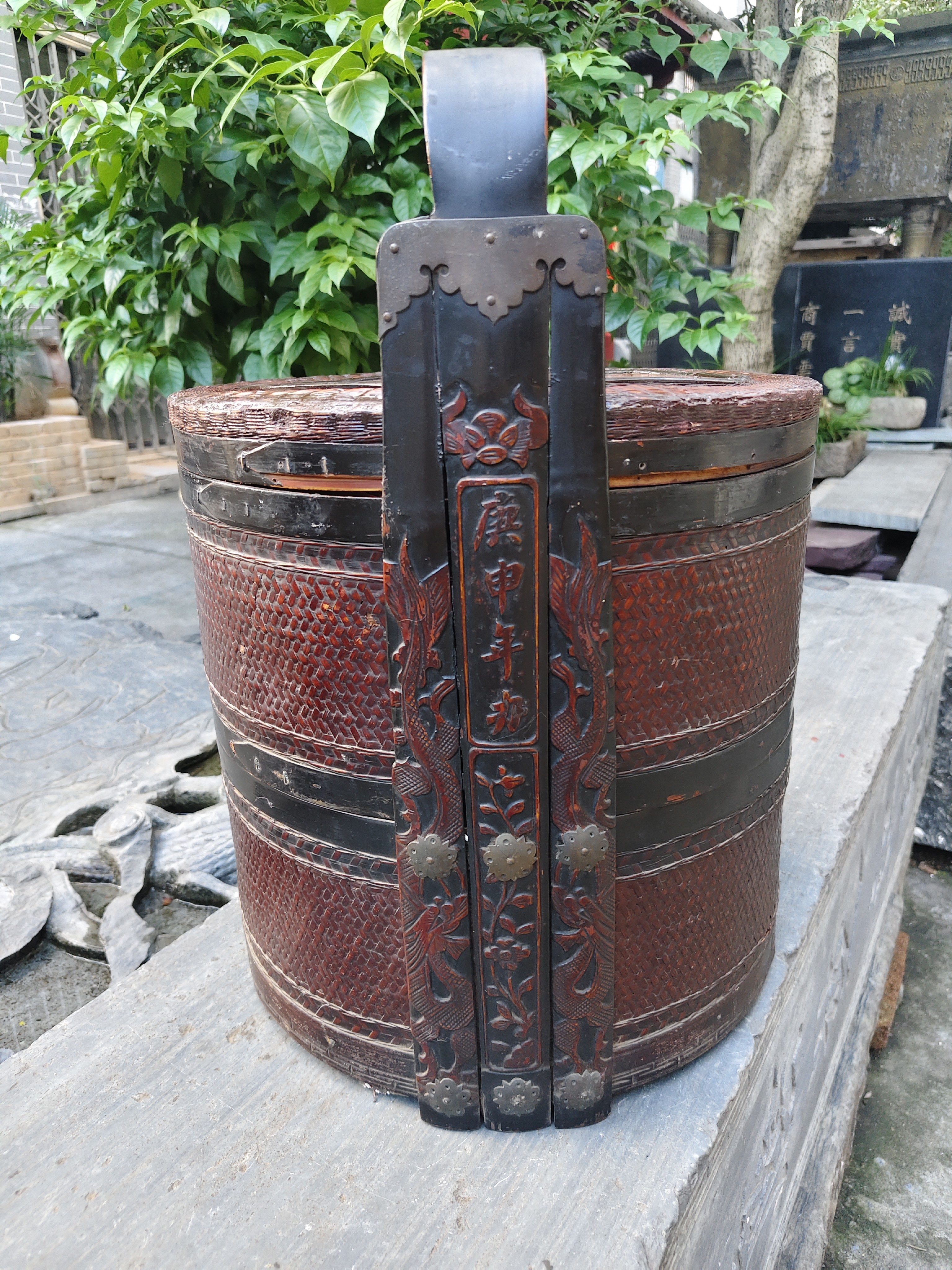 周文记竹编大提篮  尺寸高约52cm直径38cm