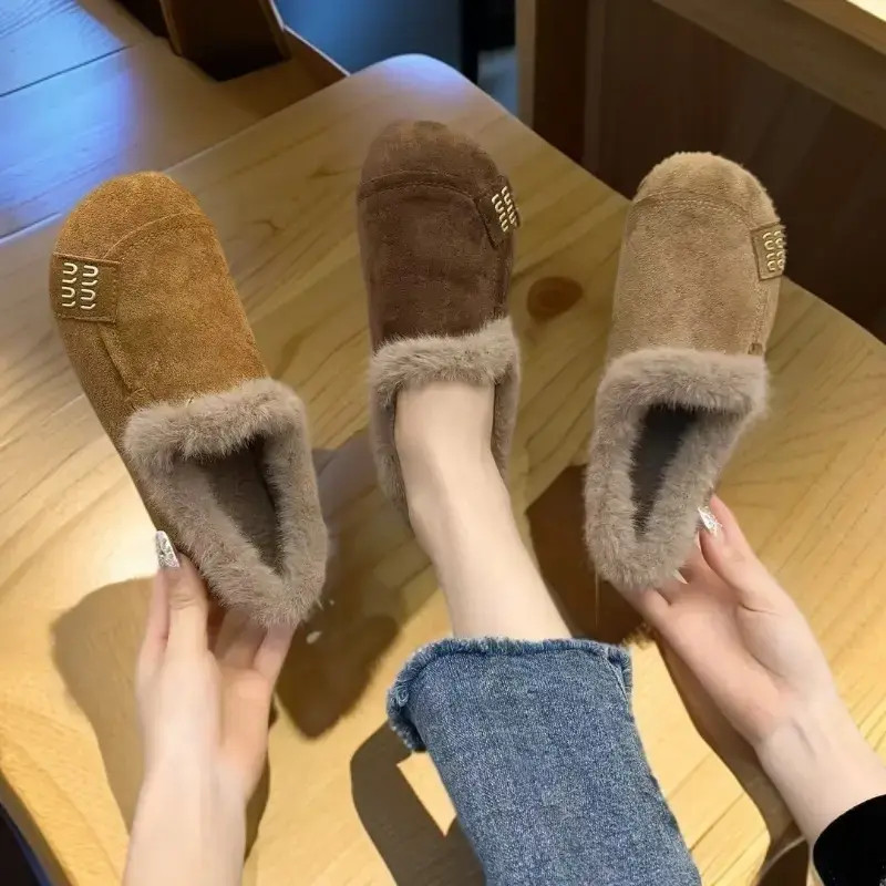 【运费险补贴】秋冬季新款防滑一脚蹬棉鞋女平底加绒保暖复古豆豆鞋