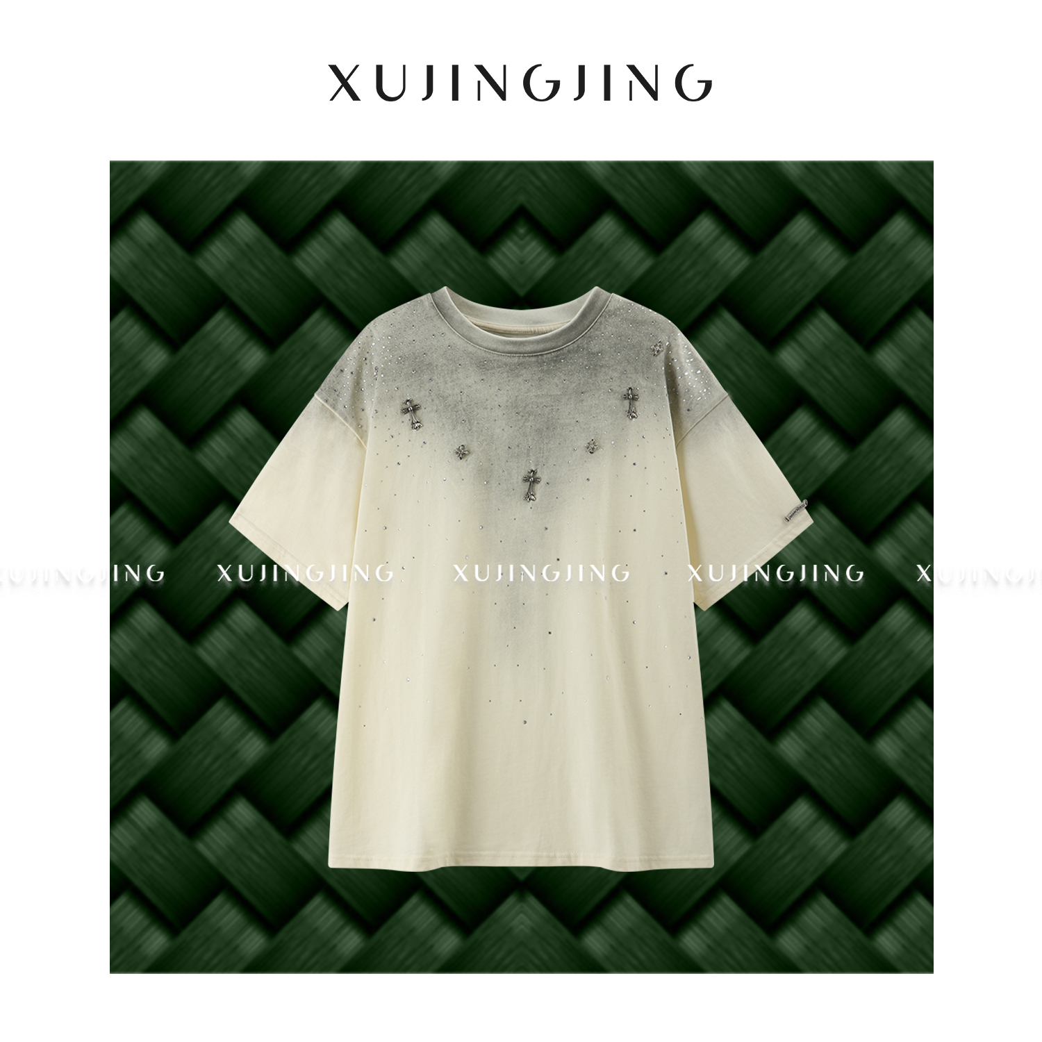 徐靖靖【满天星钻】2505057短袖潮牌烫钻十字架半袖气质时尚半袖T恤