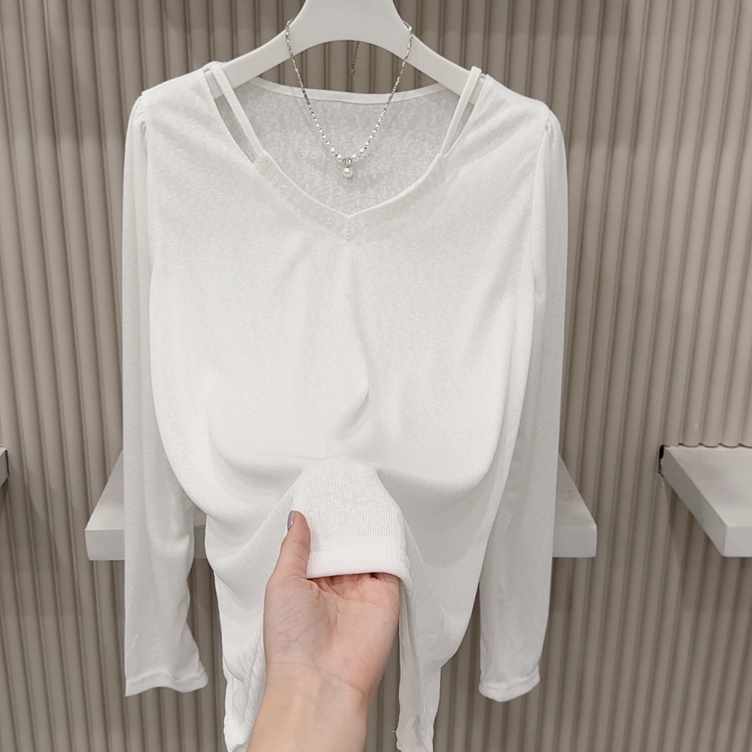 春季新款1262重工钉珠V领大弹力大码宽松时尚显瘦百搭打底上衣