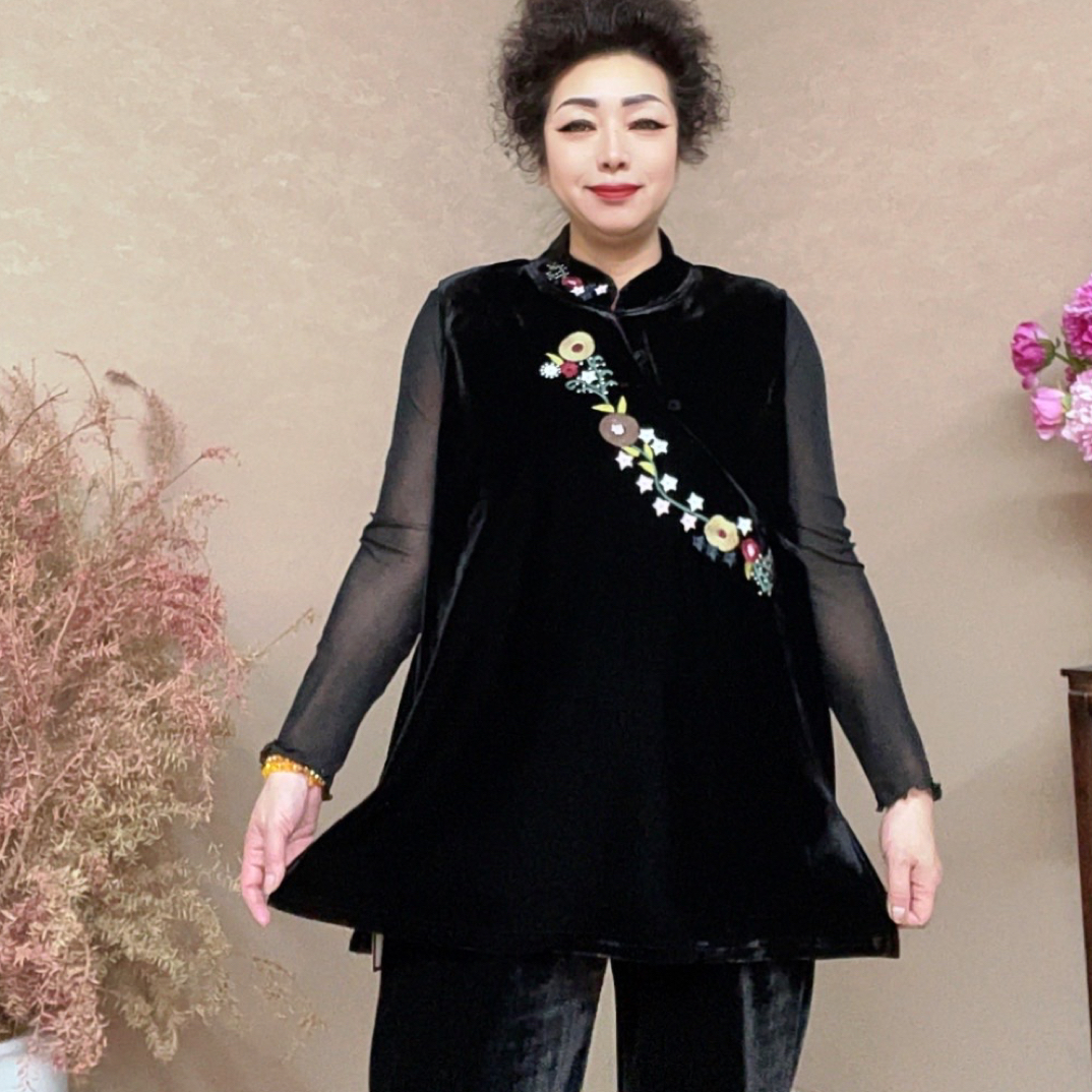 三姐家新中式毛线刺绣丝绒气质斜襟马甲