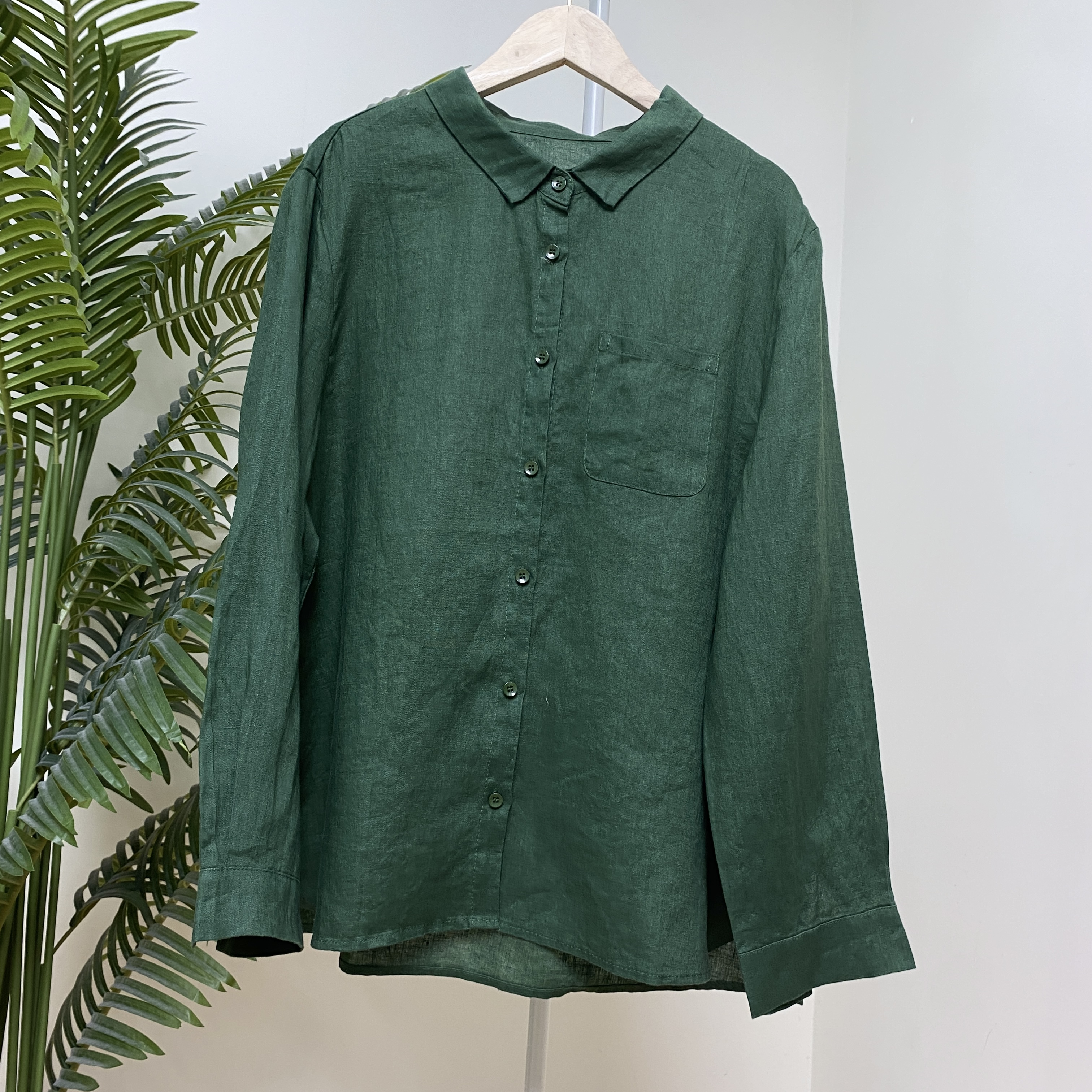 【黄金纱雨露亚麻】4009 翻领长袖口袋纯色衬衫