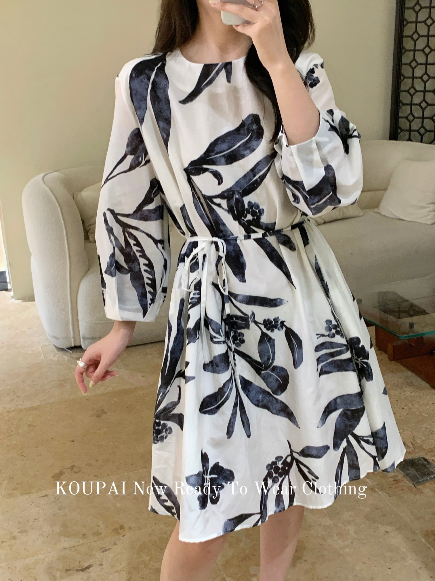 【AC专属】黑白水墨花卉印花夏季连衣裙裙子-KDL2025