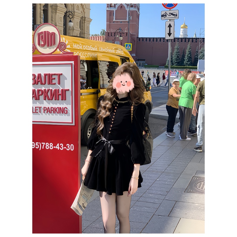 [BI]【伯拉德千金 】赫本风黑色丝绒长袖连衣裙秋季