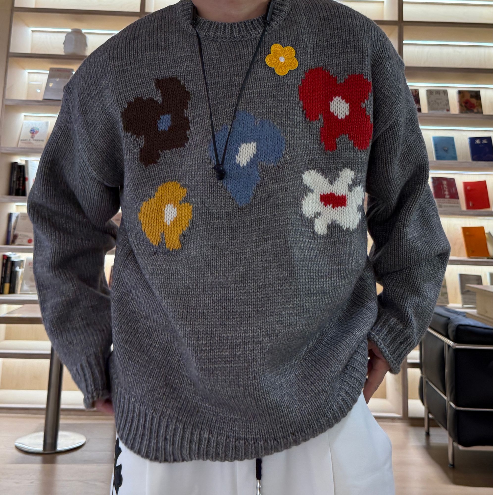 金先生冬季繁花针织美式花朵图案设计宽松百搭圆领套头秋冬毛衣