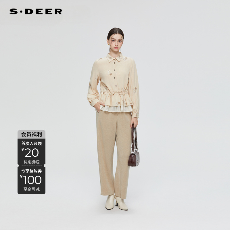 S·DEER圣迪奥新款秋季法式休闲复古抽绳修身长袖上衣S253Z0574