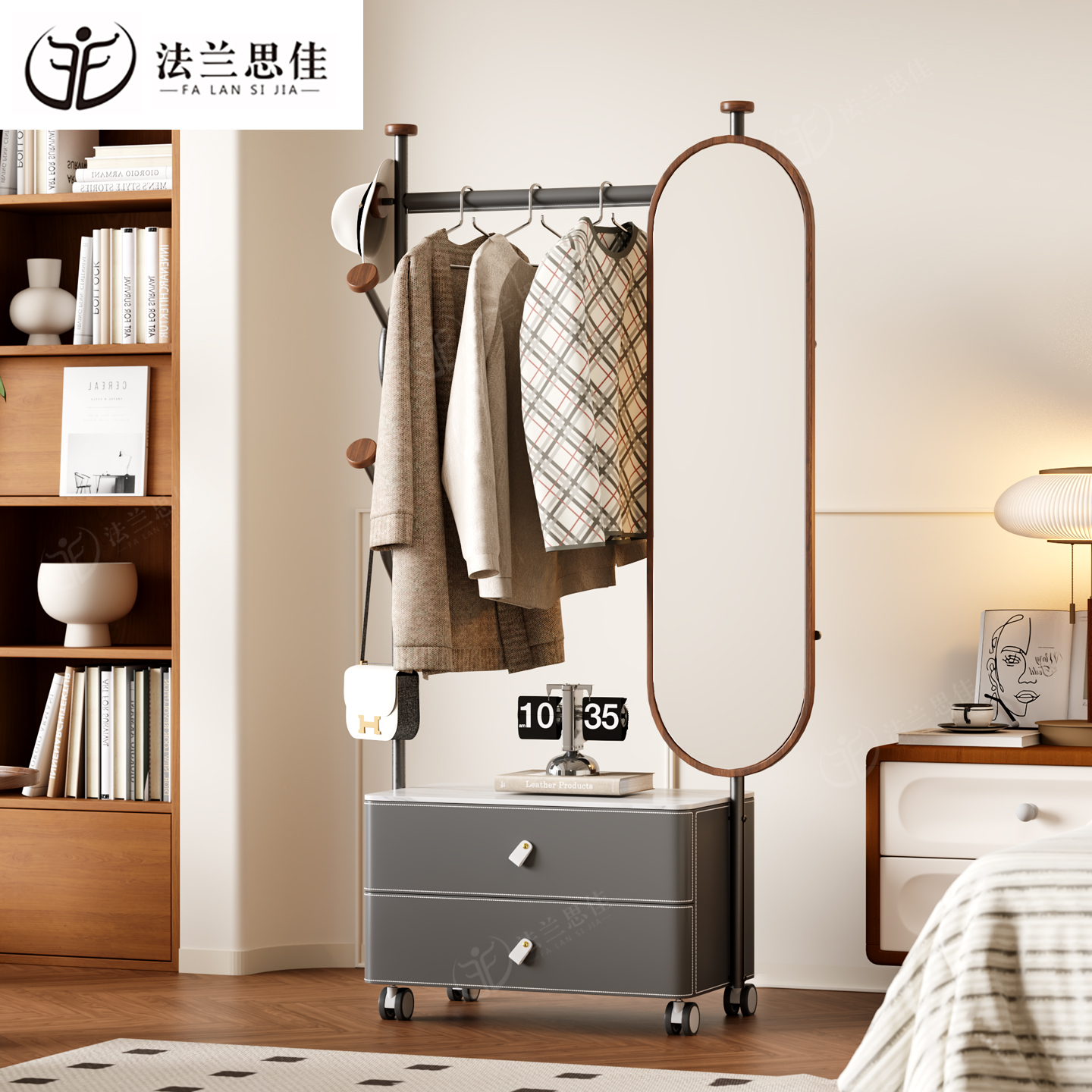简约不锈钢落地衣帽架一体抽屉床边床头柜带全身镜可移动旋转挂架