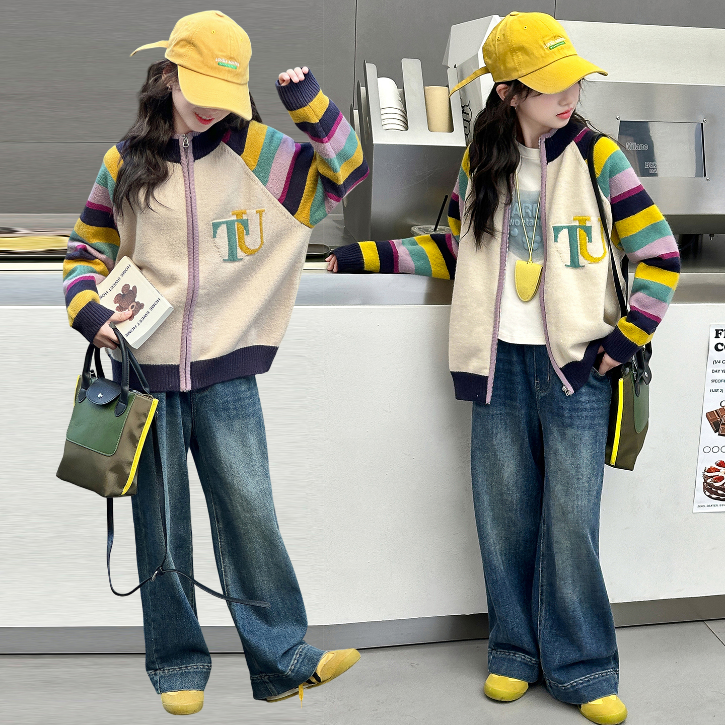 女童针织毛衣开衫外套牛仔裤套装2025新款中大儿童时髦洋气两件套